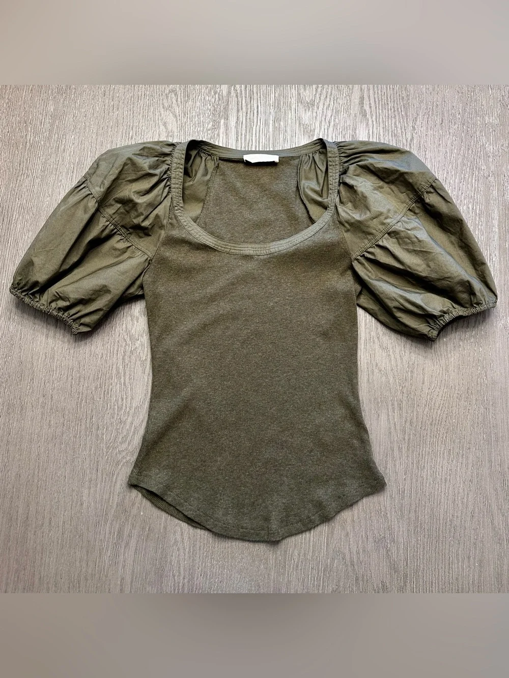 Ulla Johnson Harlowe Puff Sleeve Rib Knit Top Military Melange Olive Green Small - Picture 2 of 11